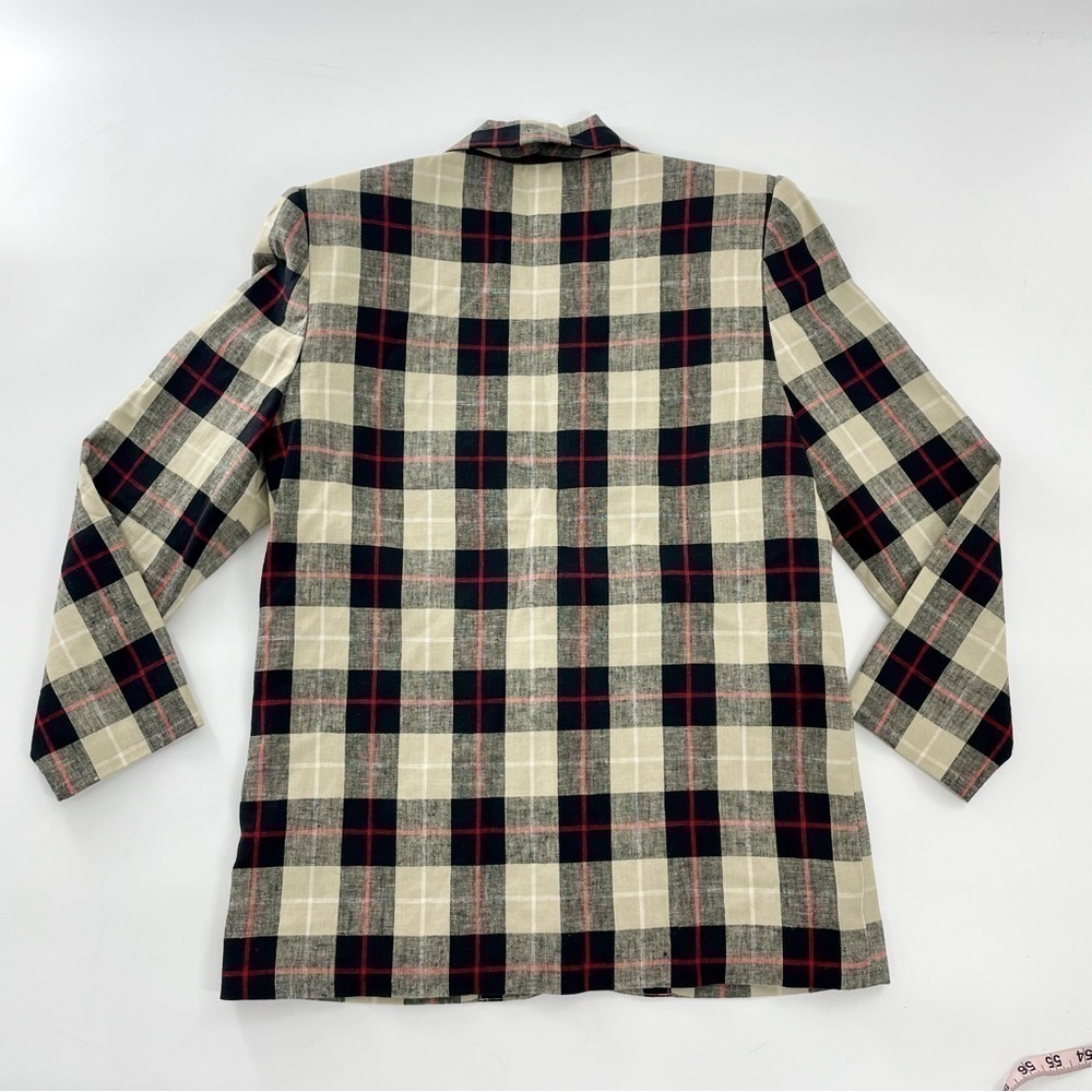 SAG HARBOR plaid‎ vintage Linen Neutral Check Plaid Retro Long Line Blazer 6P - Picture 7 of 11